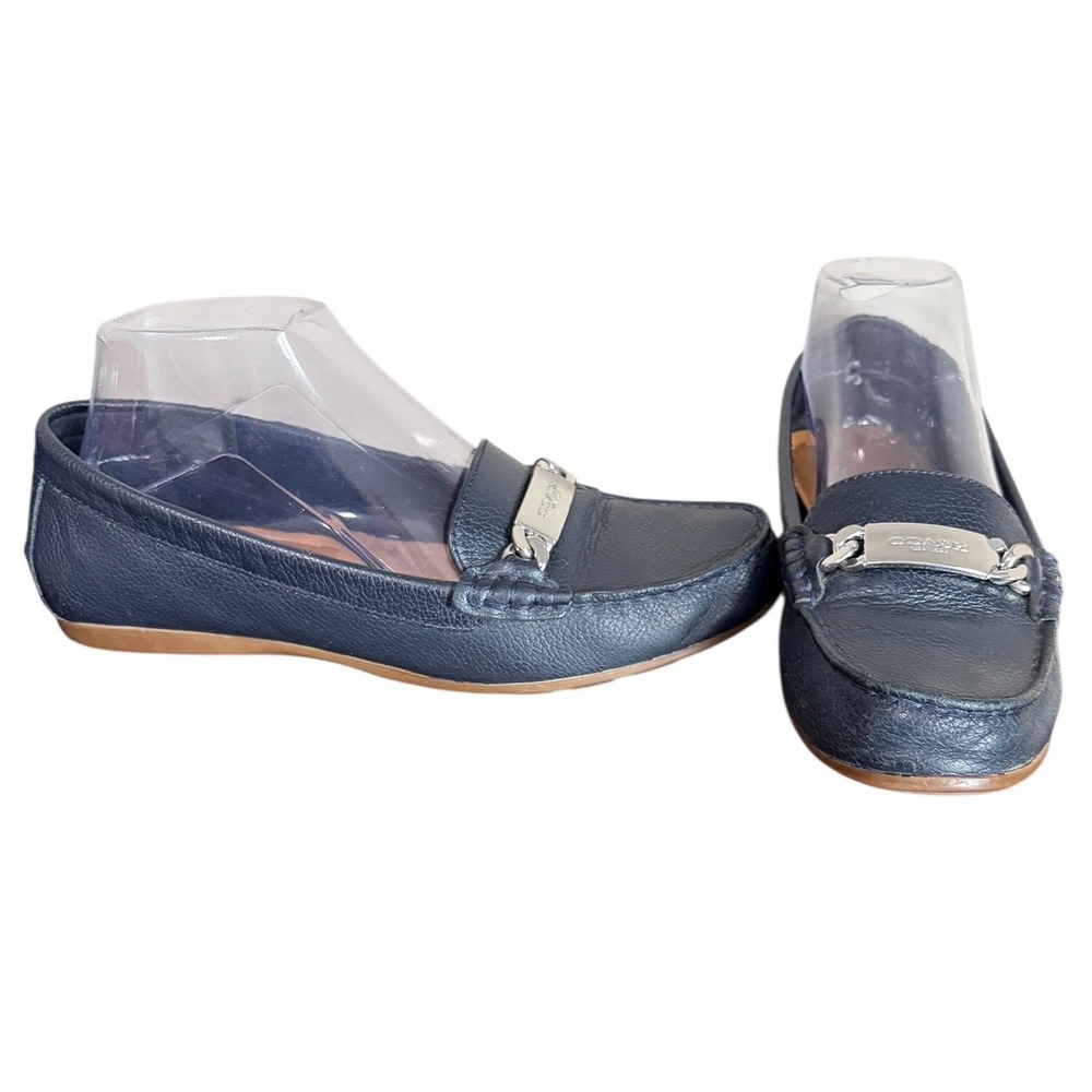 Coach Fredrica Navy Blue Leather Driving Loafers Silver Hardware Size 7.5